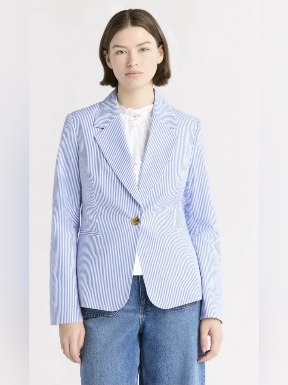 Free Assembly Seersucker Blazer Viral Sold Out Blue White Stripe Coastal Preppy
